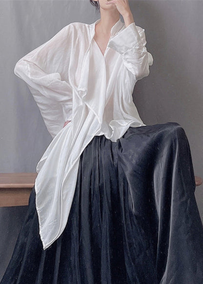 Loose Black Asymmetrical Silk Cotton Blouses Spring Kk021