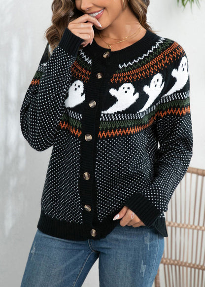 Loose Black Ghost Dot Patchwork Knit Cardigan Fall Ae1020