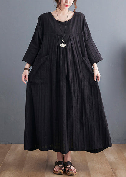 Loose Black O-neck Patchwork Pockets Maxi Dress Bracelet Sleeve Gh1053