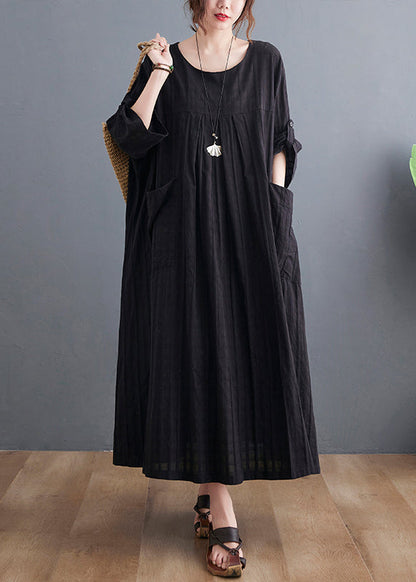 Loose Black O-neck Patchwork Pockets Maxi Dress Bracelet Sleeve Gh1053