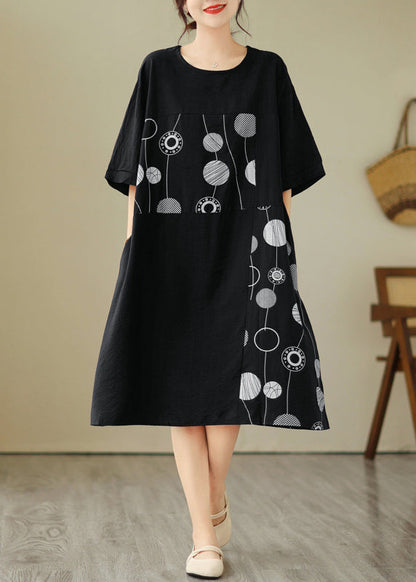 Loose Black O-neck Print Holiday Long Dress Short Sleeve Gh1007