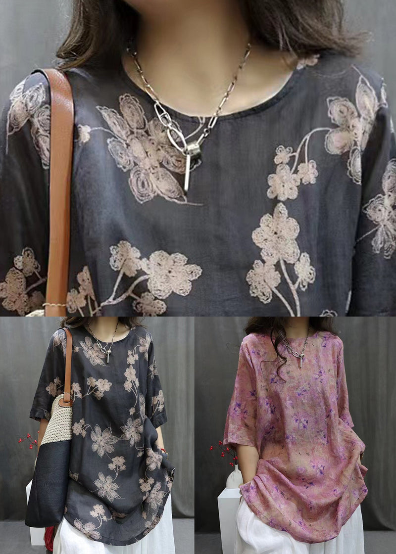 Purple Side Open Linen Blouse O-neck Summer Vv094