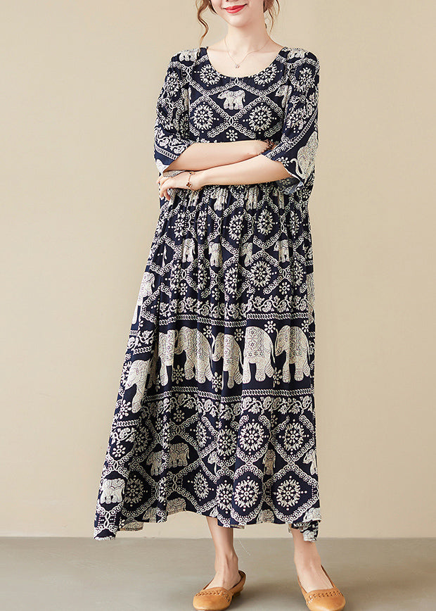 Loose Black O-neck Print Maxi Dress Half Sleeve Vb1010