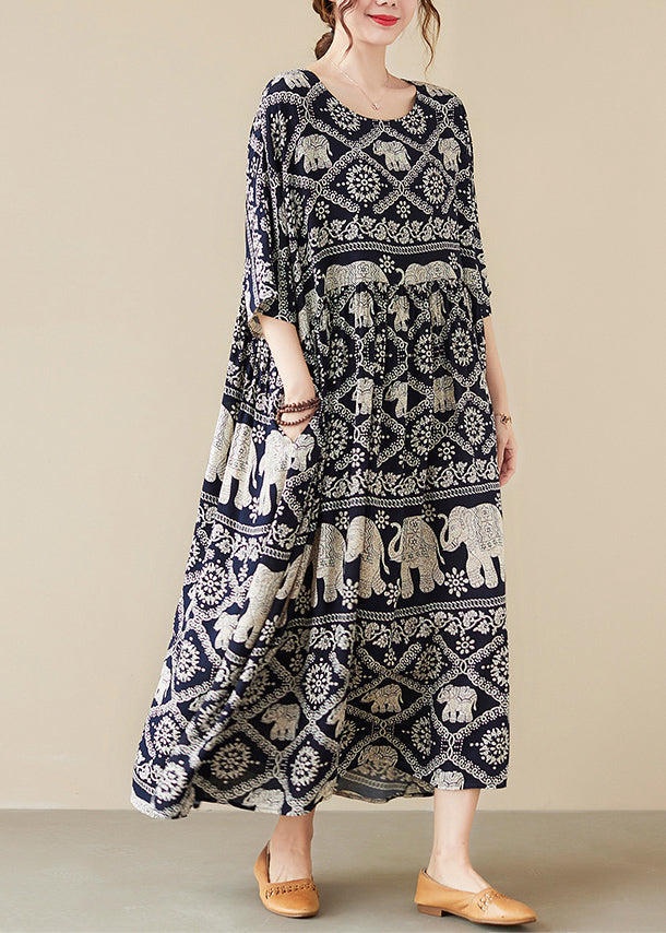 Loose Black O-neck Print Maxi Dress Half Sleeve Vb1010
