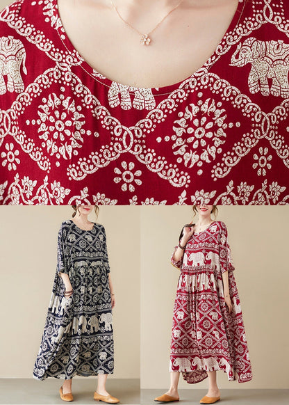 Loose Black O-neck Print Maxi Dress Half Sleeve Vb1010