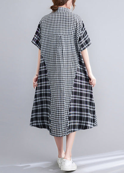 Loose Black Peter Pan Collar Plaid Patchwork Button Long Dress Ac2092