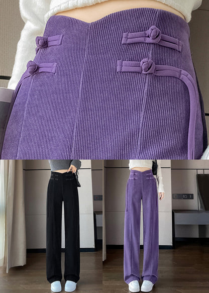 Purple Button Corduroy Pants Elastic Waist Spring Rz011