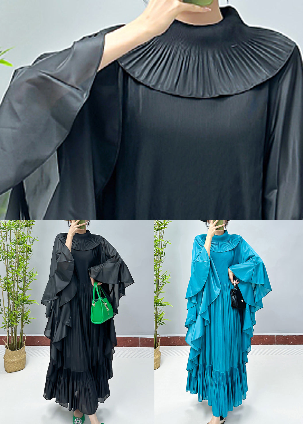 Lake Blue Wrinkled Cotton Long Dress Turtleneck Spring Aa1023