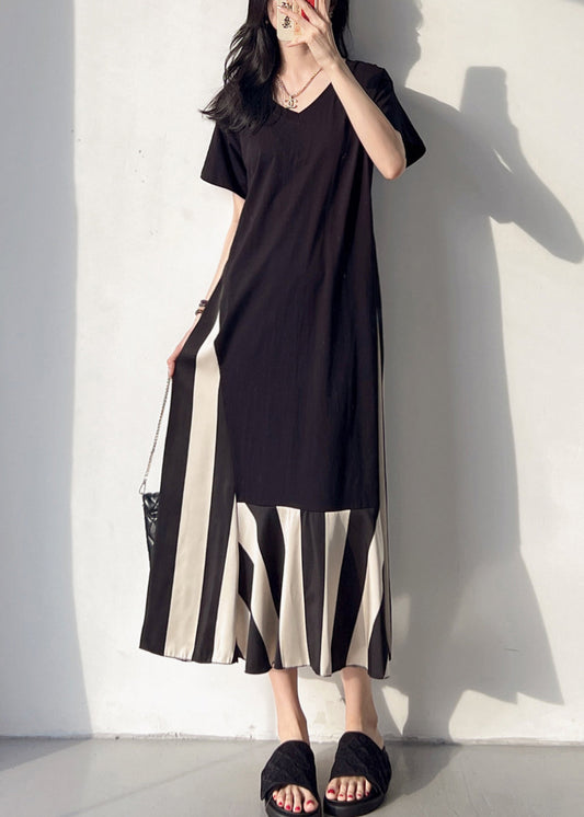 Loose Black V Neck Patchwork Cotton Long Dress Summer Bv004
