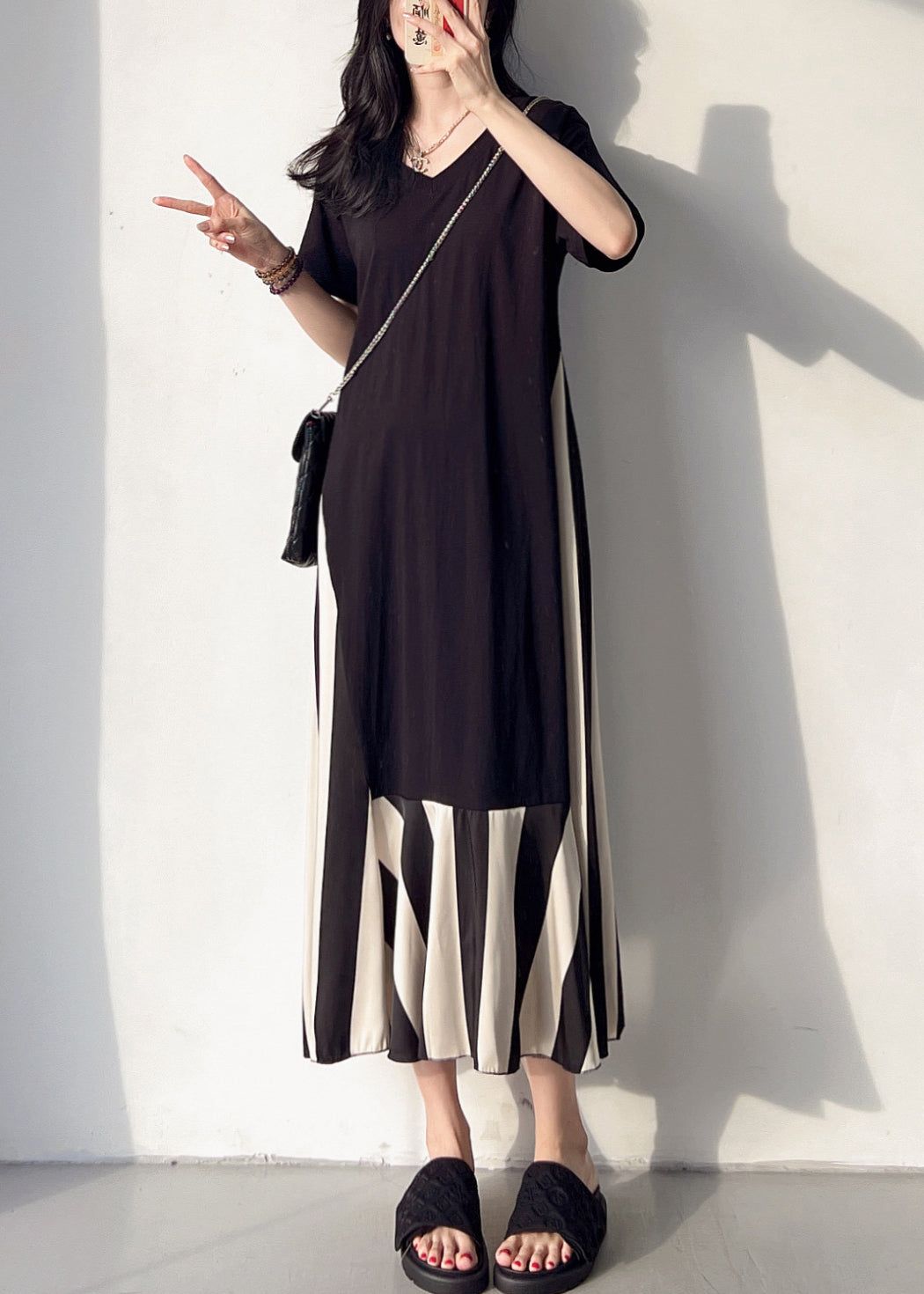 Loose Black V Neck Patchwork Cotton Long Dress Summer Bv004