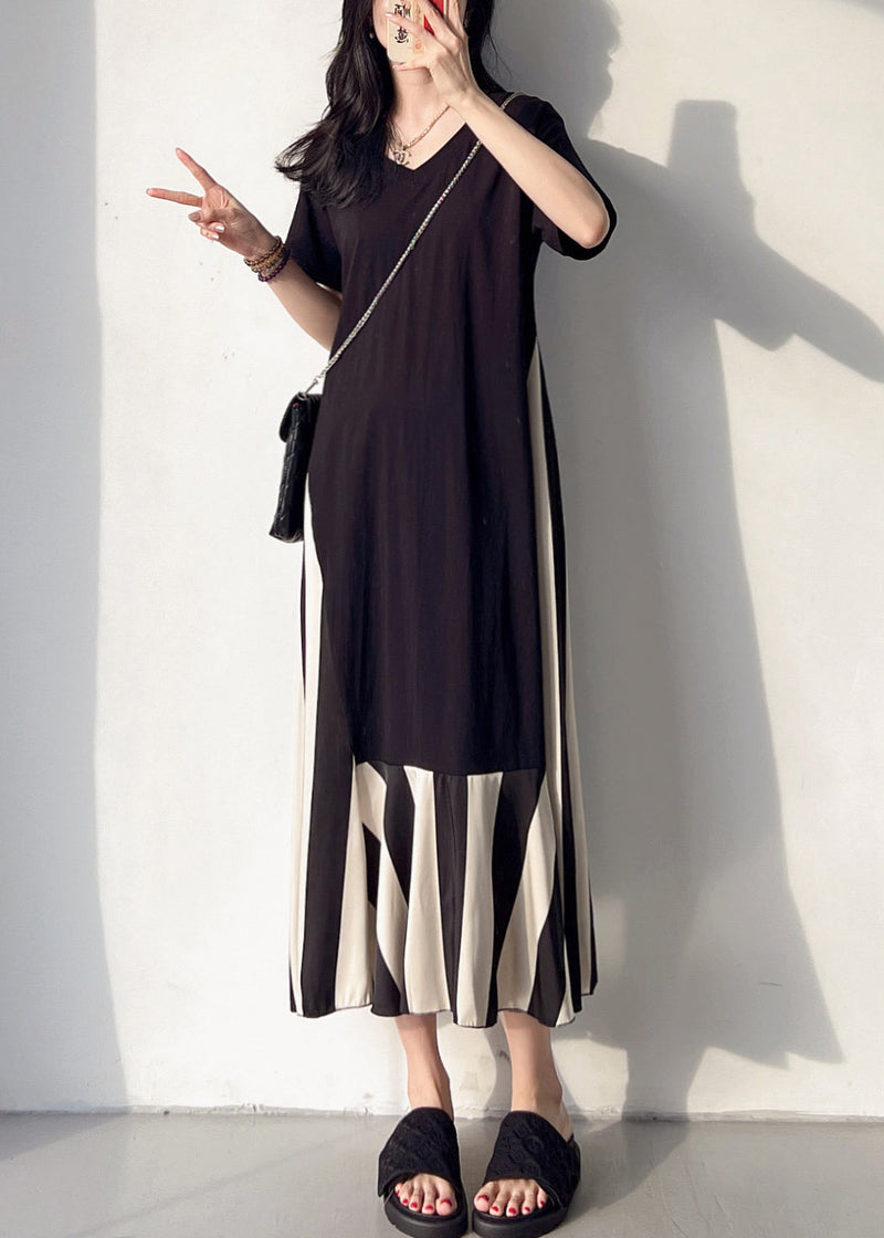 Loose Black V Neck Patchwork Cotton Long Dress Summer Bv004