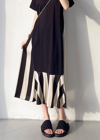 Loose Black V Neck Patchwork Cotton Long Dress Summer Bv004