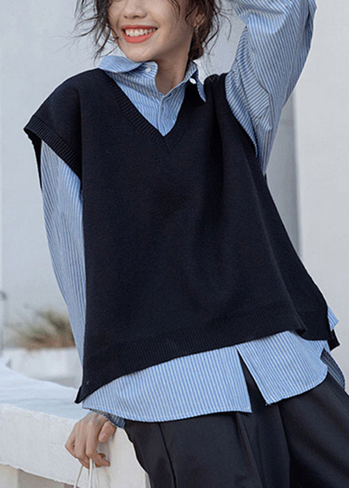 Loose Black Waistcoat and Blue Blouses Patchwork Two Pieces Set Fall Tu007