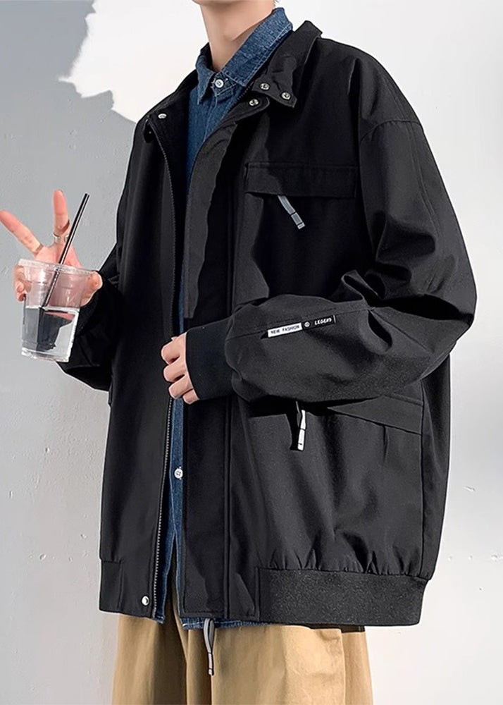Coats Zippered Cotton Spring Black Pockets Loose