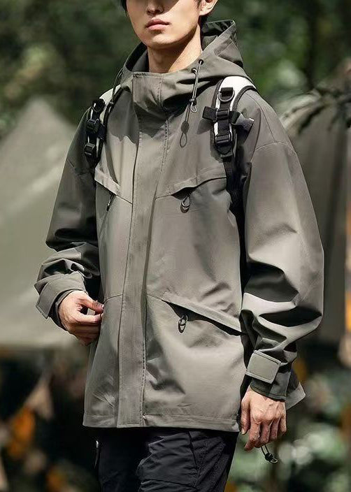 Coats Loose Pockets Zippered Hooded Cotton Green Blackish