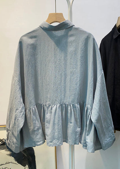 Loose Blue Button Wrinkled Cotton Blouses Spring Td030