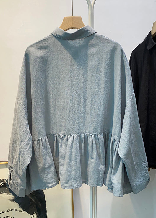Loose Blue Button Wrinkled Cotton Blouses Spring Td030
