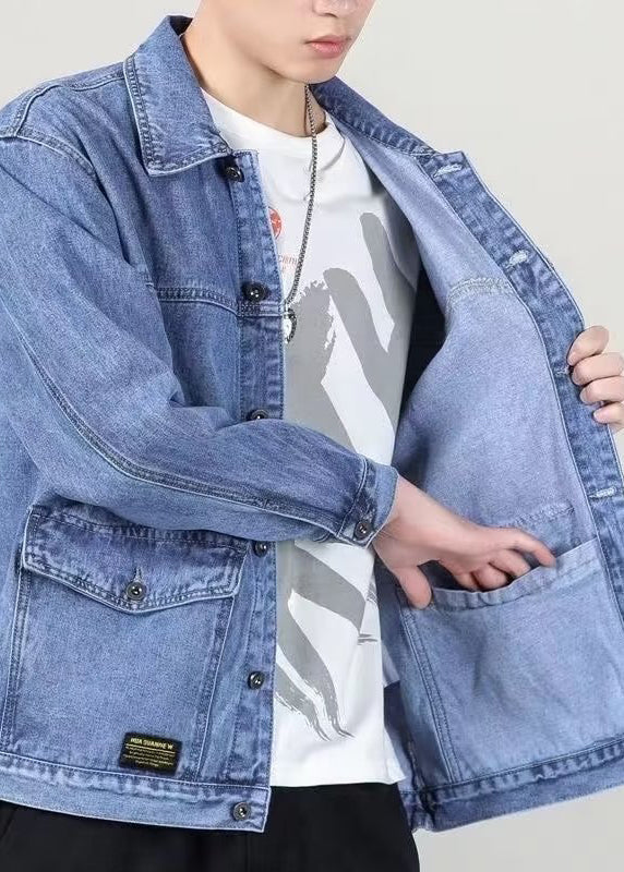 Spring Denim Peter Collar Loose Blue Pockets Coats Pan
