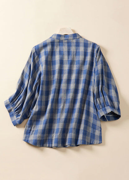 Loose Blue Plaid Stand Collar Cotton Blouses Bracelet Sleeve Am1061