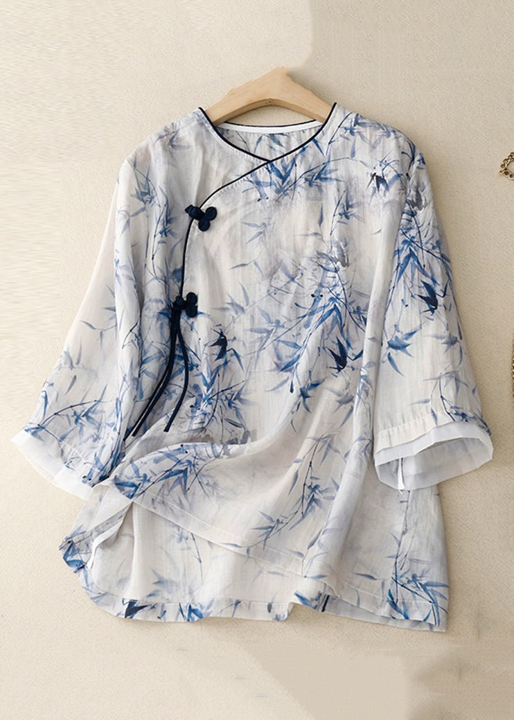 Loose Blue Print Chinese Button Linen Blouses Bracelet Sleeve Jh060