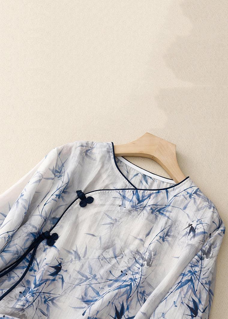 Loose Blue Print Chinese Button Linen Blouses Bracelet Sleeve Jh060