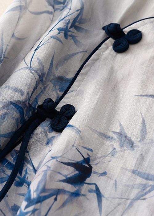 Loose Blue Print Chinese Button Linen Blouses Bracelet Sleeve Jh060