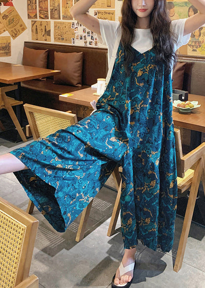Waist Loose Summer Blue Print High Cotton Pants Jumpsuits