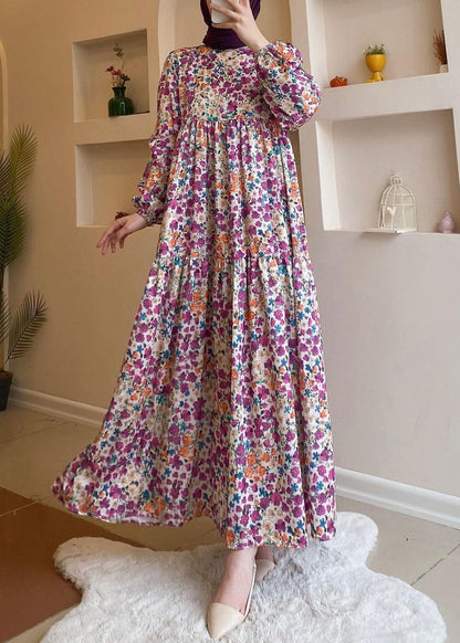 Loose Blue Print High Waist Cotton Long Dresses Spring Aa1011