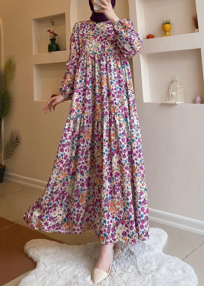 Loose Blue Print High Waist Cotton Long Dresses Spring Aa1011