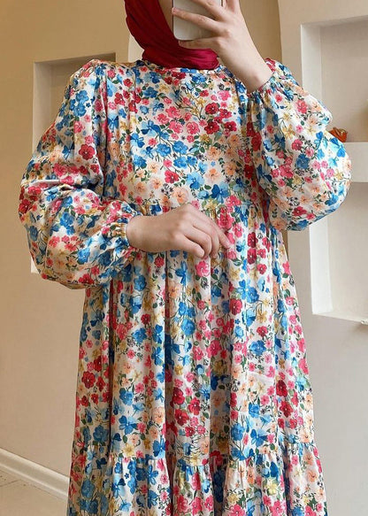 Loose Blue Print High Waist Cotton Long Dresses Spring Aa1011
