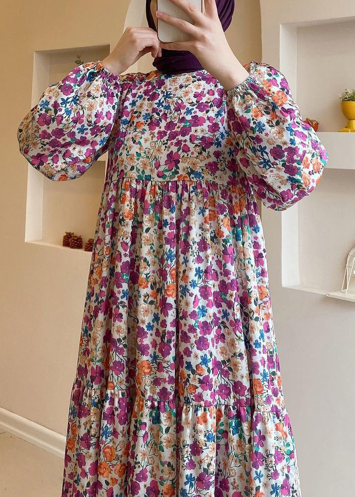 Loose Blue Print High Waist Cotton Long Dresses Spring Aa1011