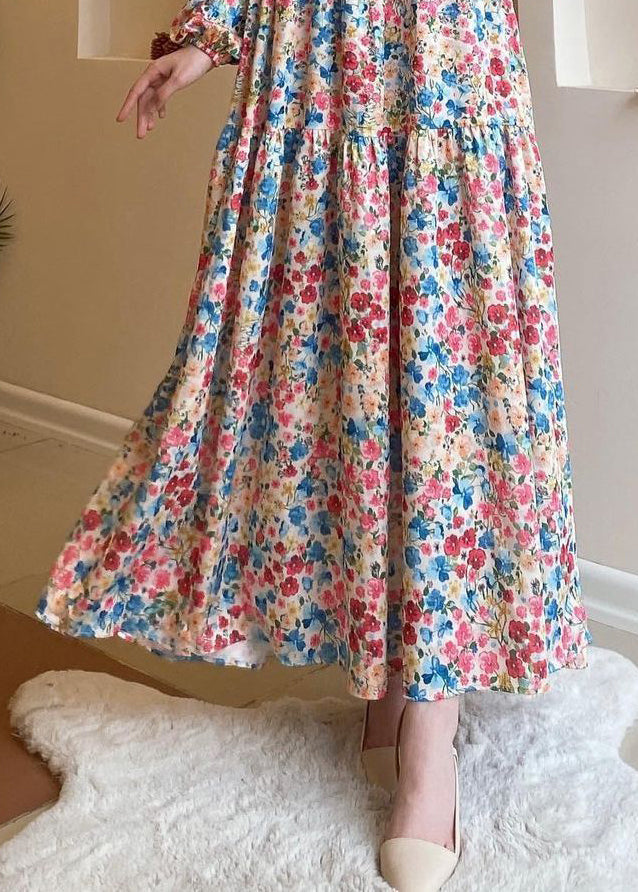 Loose Blue Print High Waist Cotton Long Dresses Spring Aa1011