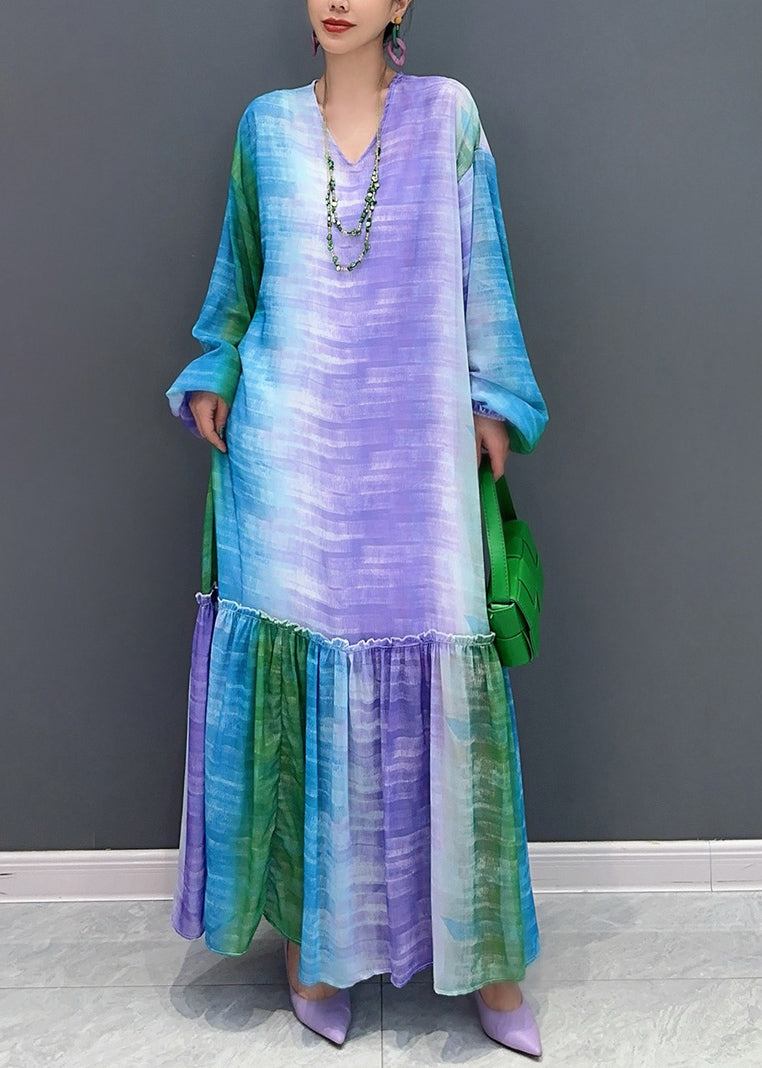 Loose Blue Purple Gradient Color Ruffled Patchwork Long Dresses Fall Ao1026