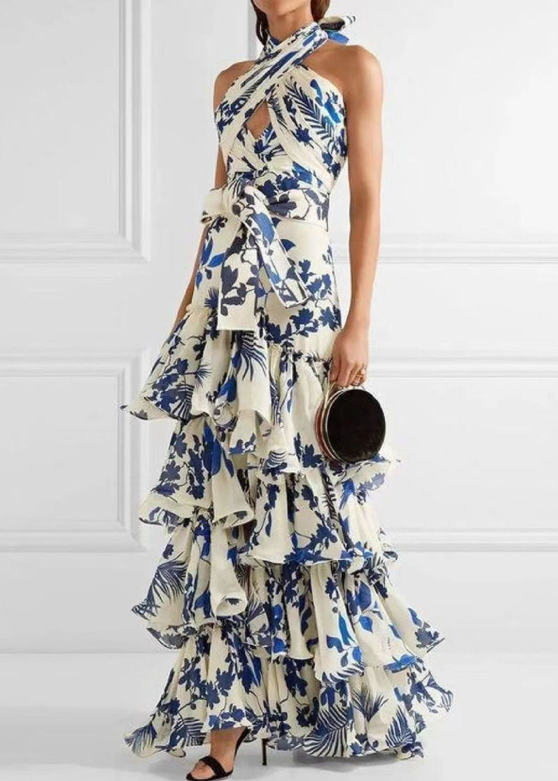 Loose Blue Ruffled Print Laxe Up Cotton Maxi Dress Sleeveless Bb038