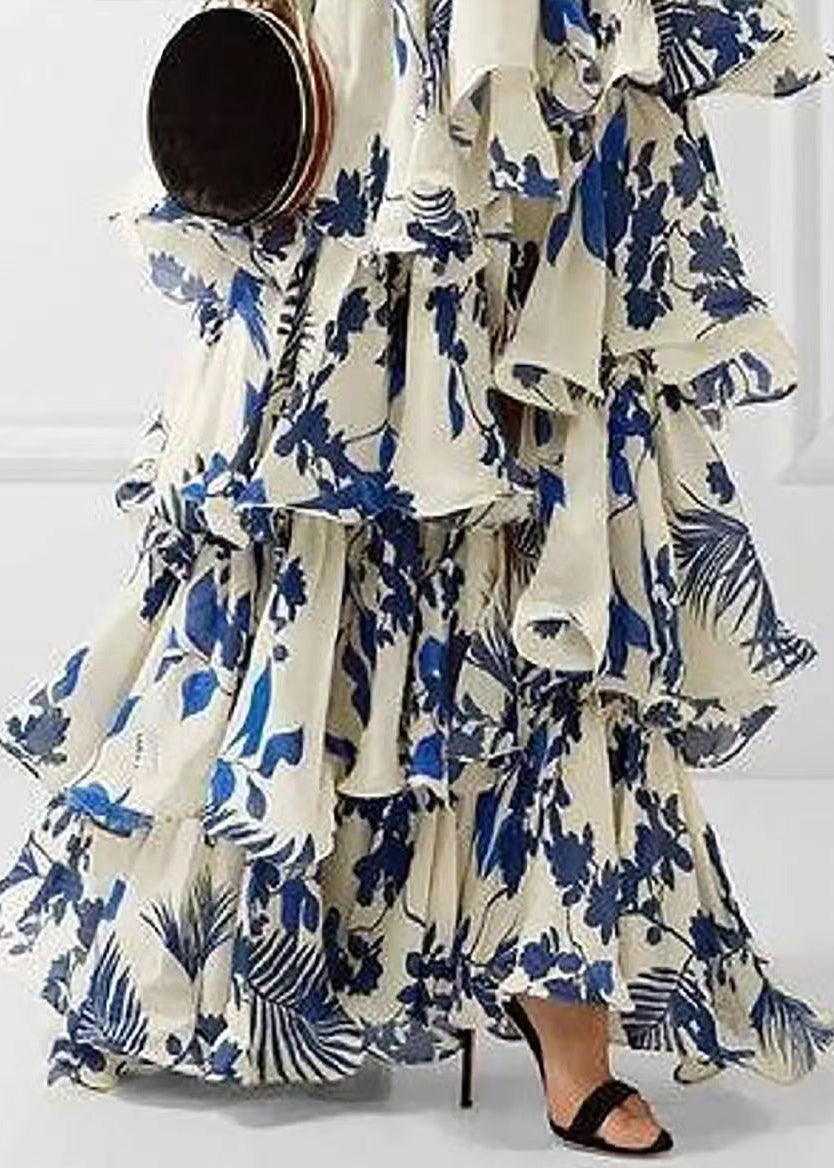 Loose Blue Ruffled Print Laxe Up Cotton Maxi Dress Sleeveless Bb038