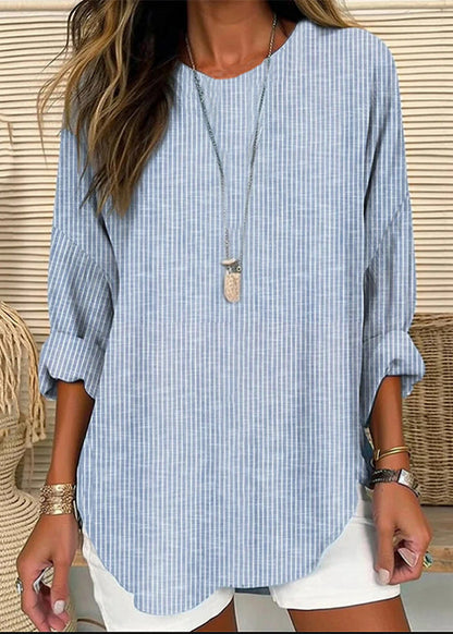 Loose Blue Striped O-neck Patchwork Cotton Blouses Fall Qa014