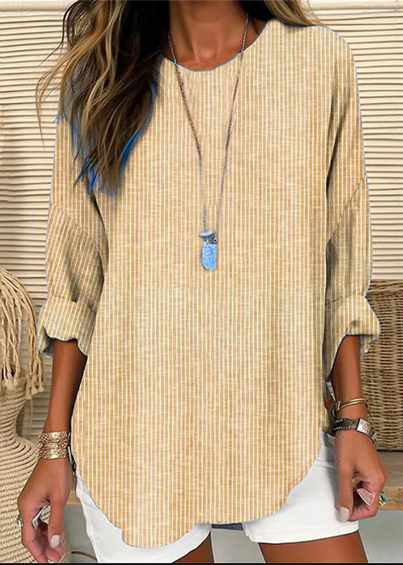 Loose Blue Striped O-neck Patchwork Cotton Blouses Fall Qa014