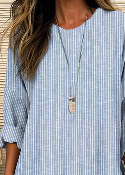 Loose Blue Striped O-neck Patchwork Cotton Blouses Fall Qa014