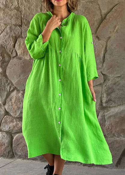 Loose Brown Stand Collar Button Cotton Blouses Dress Long Sleeve Ff033