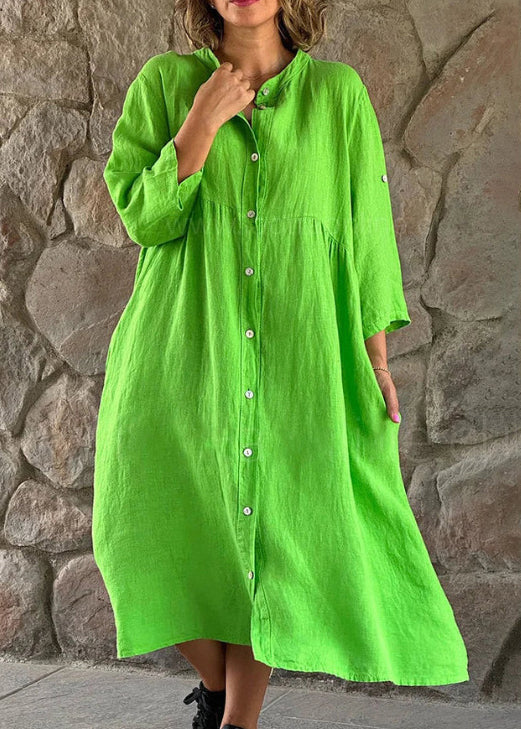 Loose Brown Stand Collar Button Cotton Blouses Dress Long Sleeve Ff033