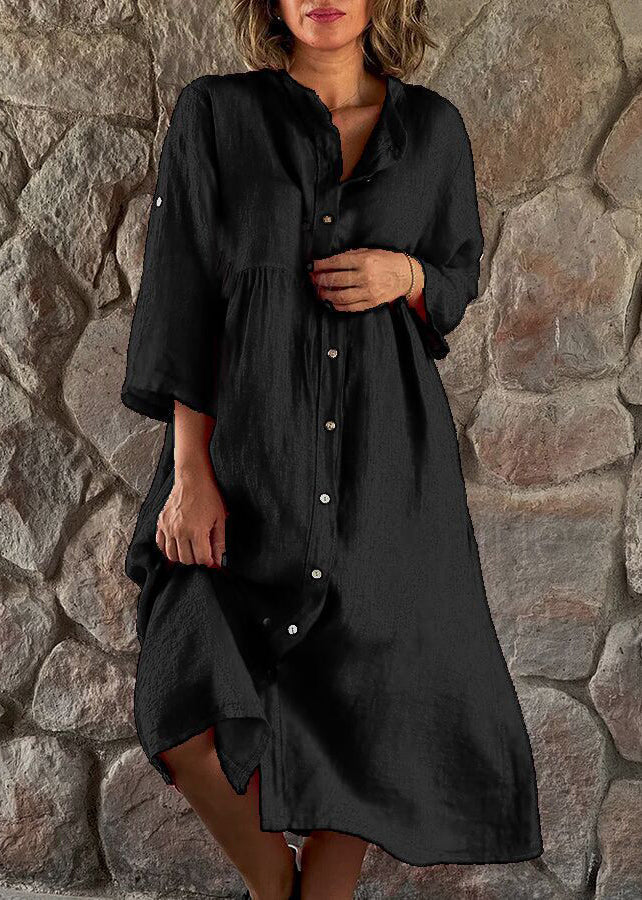 Loose Brown Stand Collar Button Cotton Blouses Dress Long Sleeve Ff033