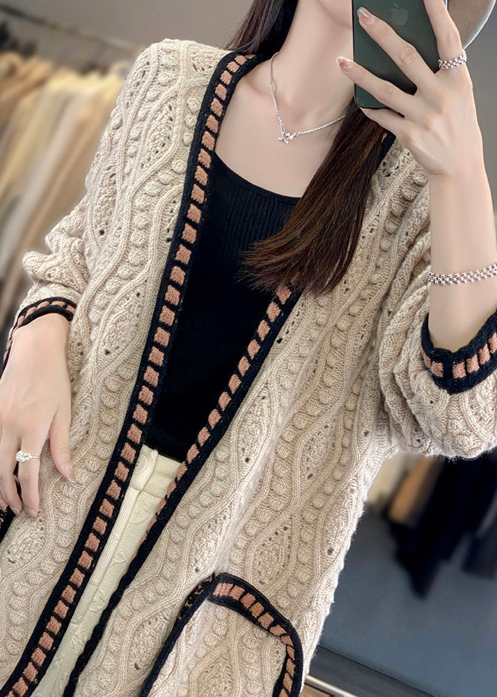 Loose Camel Hollow Out Patchwork Cotton Knit Cardigan Fall Ab1027