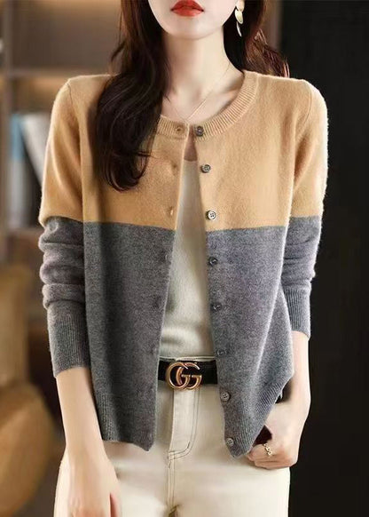 Loose Camel Patchwork Button Wool Knit Cardigans Fall Qt012