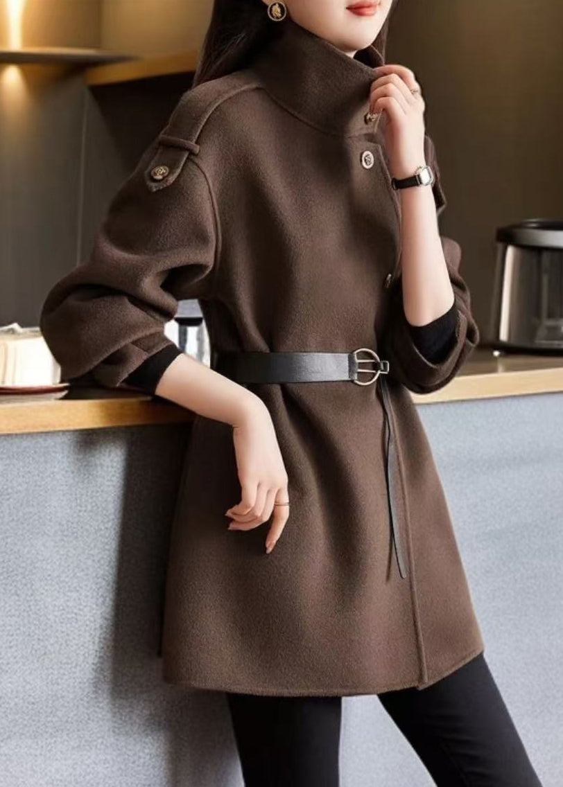 Loose Chocolate Stand Collar Button Woolen Coats Spring Ty014