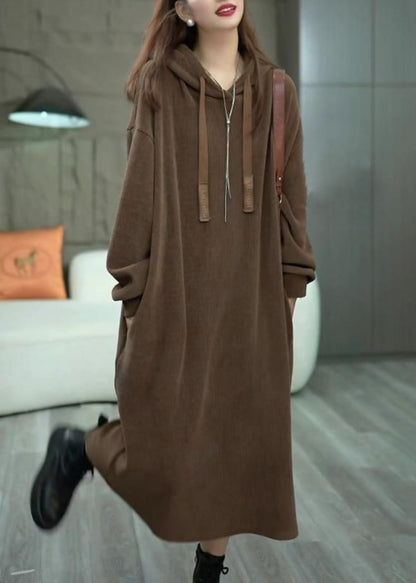 Loose Coffee Hooded Pockets Long Dress Winter Wm011