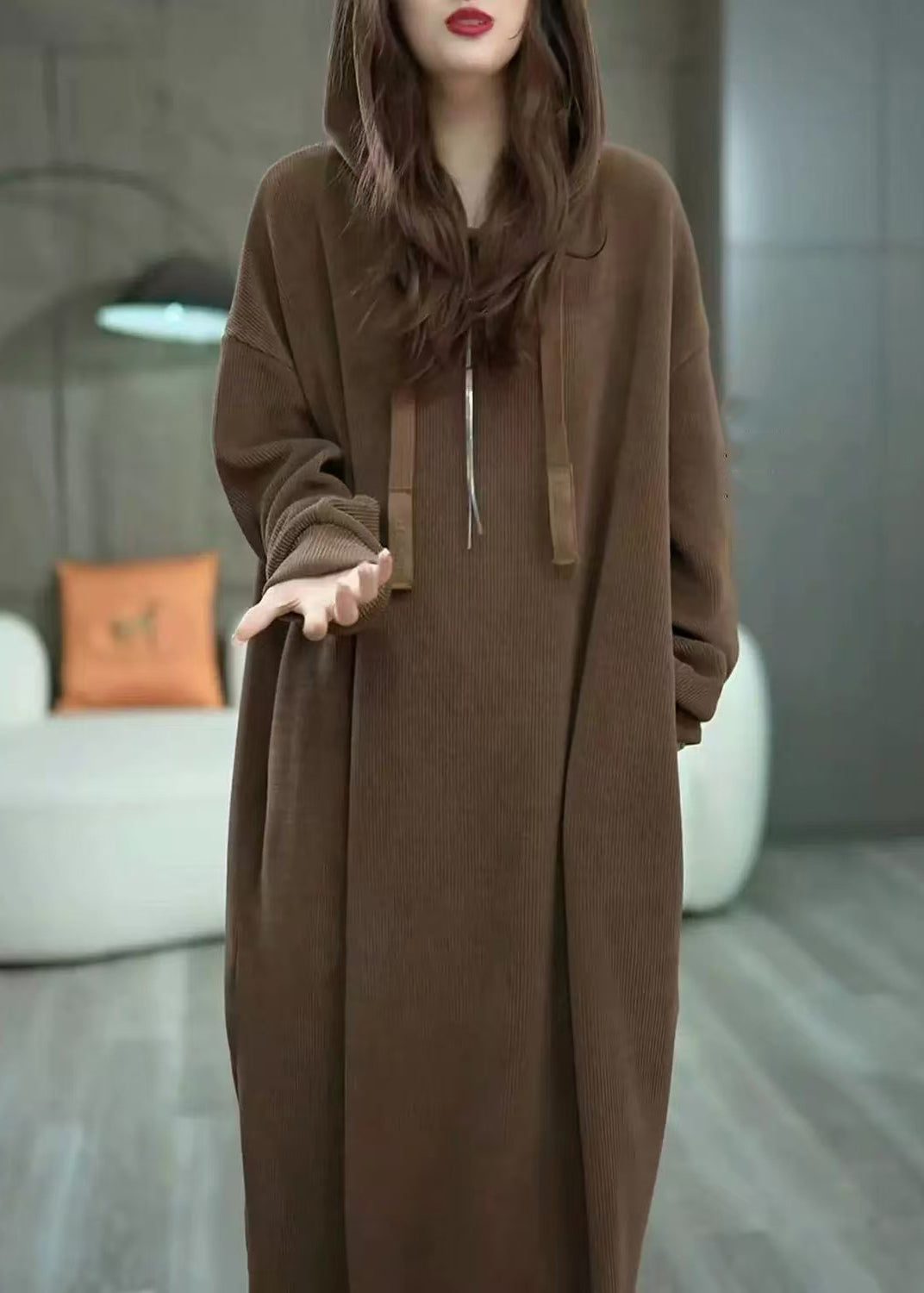 Loose Coffee Hooded Pockets Long Dress Winter Wm011