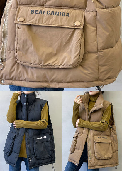 Loose Coffee Zip Up Letter Pockets Cotton Filled Waistcoat Sleeveless Yw010