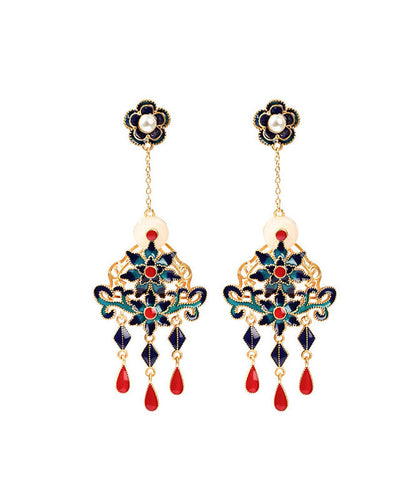 Loose Colorblock Ancient Gold Jade Pearl Enamel Tassel Drop Earrings