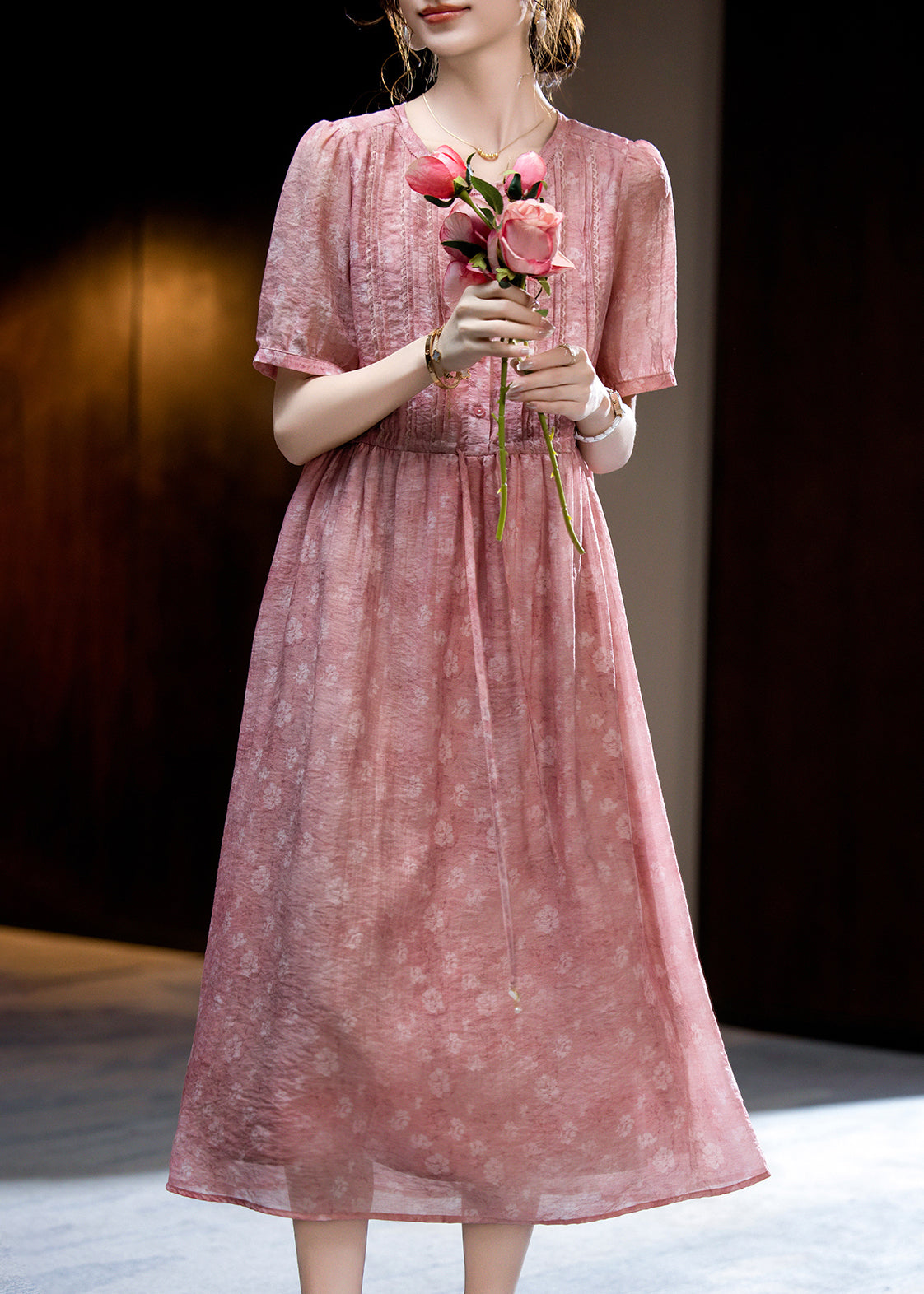 Loose Dark Pink O-neck Print Wrinkled Silk Long Dress Short Sleeve Ww047