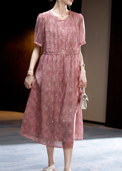 Loose Dark Pink O-neck Print Wrinkled Silk Long Dress Short Sleeve Ww047